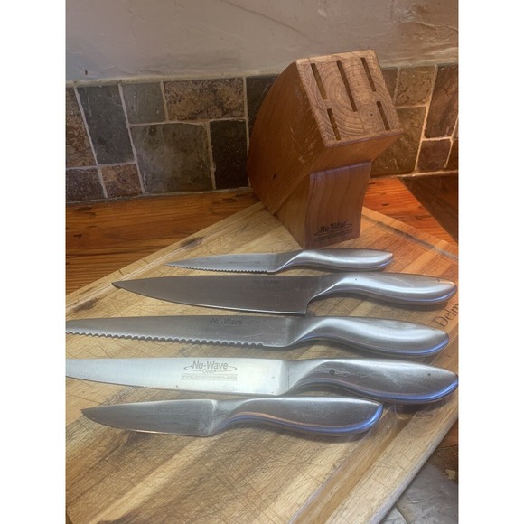 Stainless Steel One Piece Nu-Wave Kichen Knife Set Of 5 With Block - Picture 2 of 15